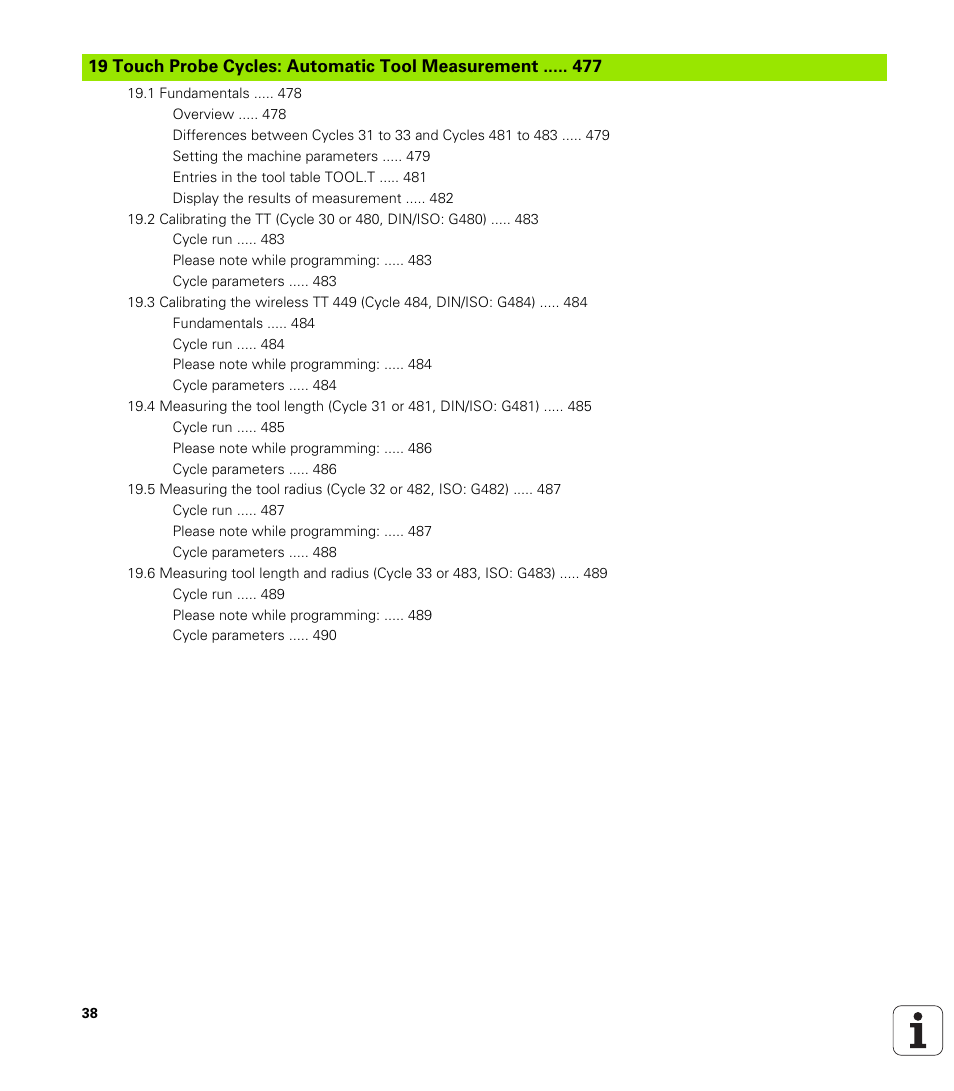 Touch probe cycles: automatic tool measurement | HEIDENHAIN iTNC 530 (340 49x-05) Cycle programming User Manual | Page 38 / 497