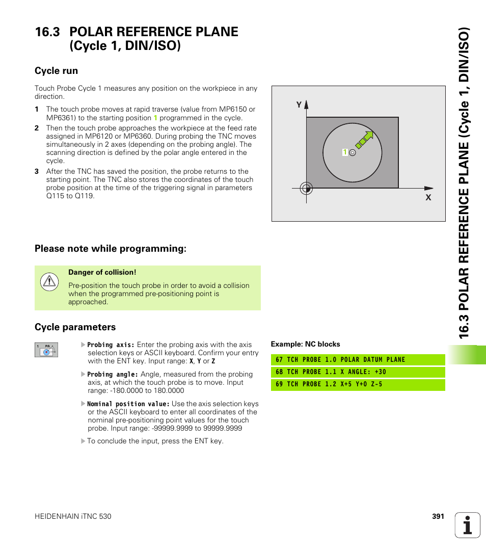 3 polar reference plane (cycle 1, din/iso), Cycle run, Please note while programming | Cycle parameters | HEIDENHAIN iTNC 530 (340 49x-05) Cycle programming User Manual | Page 391 / 497