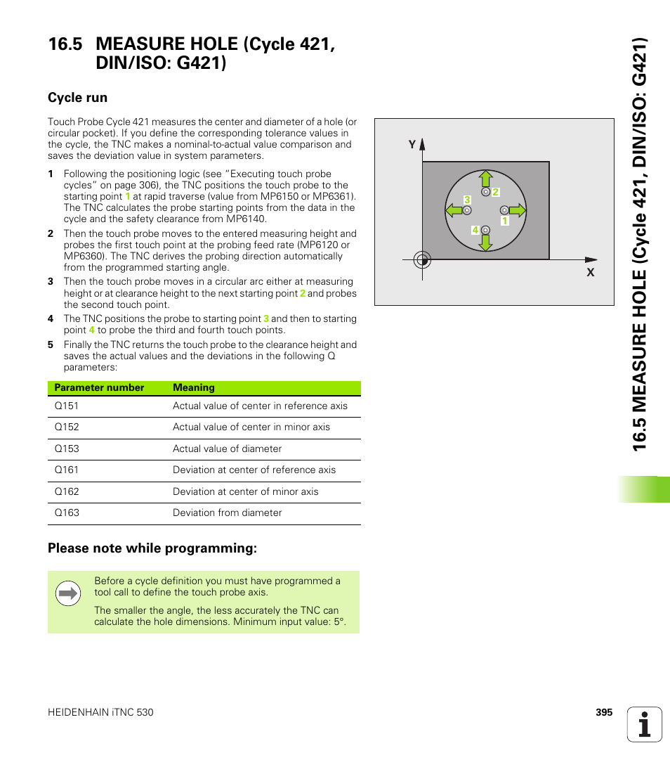 5 measure hole (cycle 421, din/iso: g421), Cycle run, Please note while programming | HEIDENHAIN iTNC 530 (340 49x-05) Cycle programming User Manual | Page 395 / 497