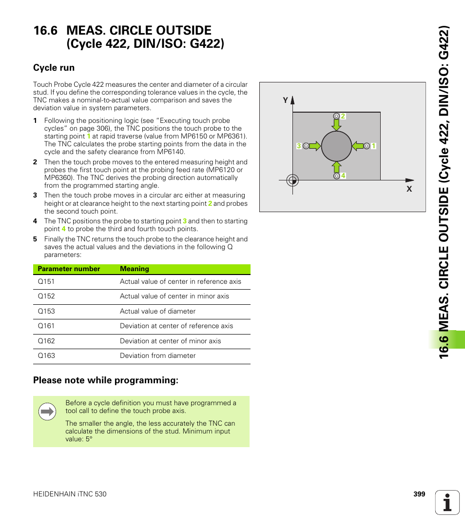 6 meas. circle outside (cycle 422, din/iso: g422), Cycle run, Please note while programming | HEIDENHAIN iTNC 530 (340 49x-05) Cycle programming User Manual | Page 399 / 497