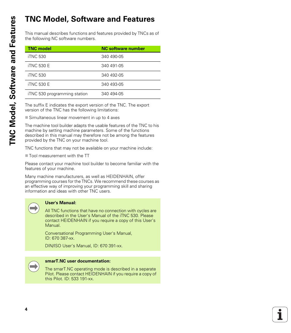 Tnc model, software and features | HEIDENHAIN iTNC 530 (340 49x-05) Cycle programming User Manual | Page 4 / 497