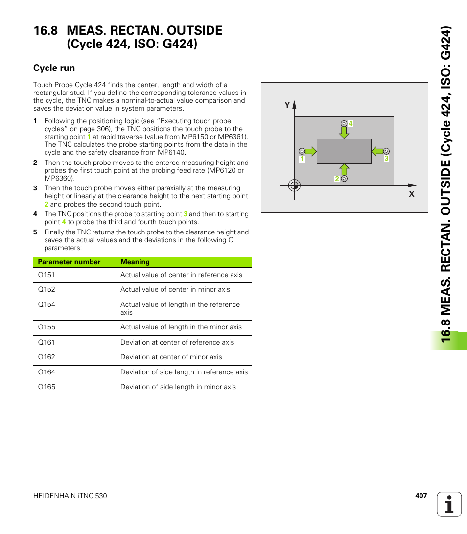 8 meas. rectan. outside (cycle 424, iso: g424), Cycle run | HEIDENHAIN iTNC 530 (340 49x-05) Cycle programming User Manual | Page 407 / 497