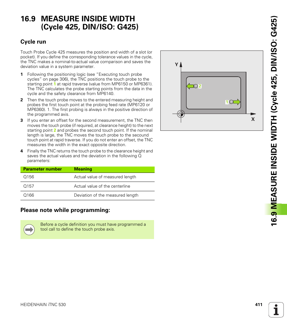 9 measure inside width (cycle 425, din/iso: g425), Cycle run, Please note while programming | HEIDENHAIN iTNC 530 (340 49x-05) Cycle programming User Manual | Page 411 / 497