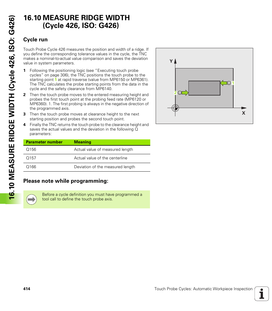 10 measure ridge width (cycle 426, iso: g426), Cycle run, Please note while programming | HEIDENHAIN iTNC 530 (340 49x-05) Cycle programming User Manual | Page 414 / 497