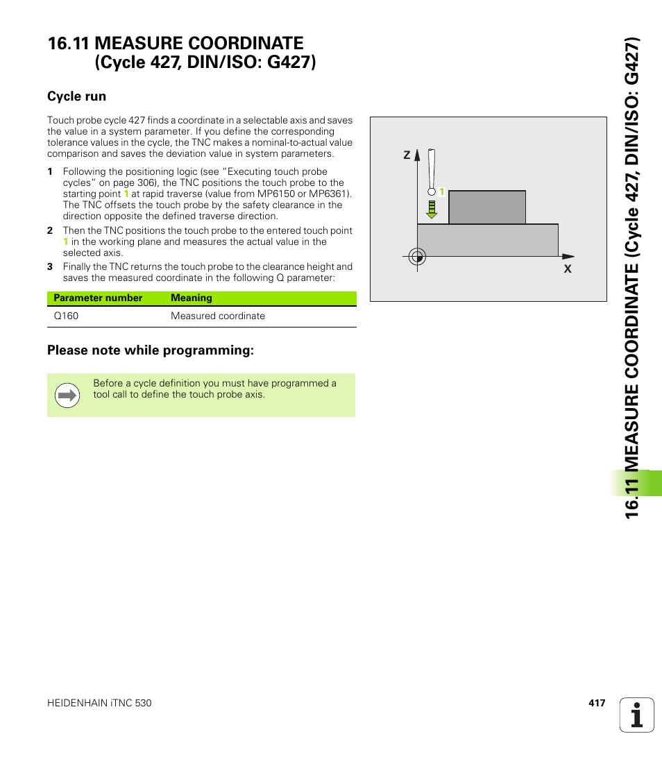 11 measure coordinate (cycle 427, din/iso: g427), Cycle run, Please note while programming | HEIDENHAIN iTNC 530 (340 49x-05) Cycle programming User Manual | Page 417 / 497