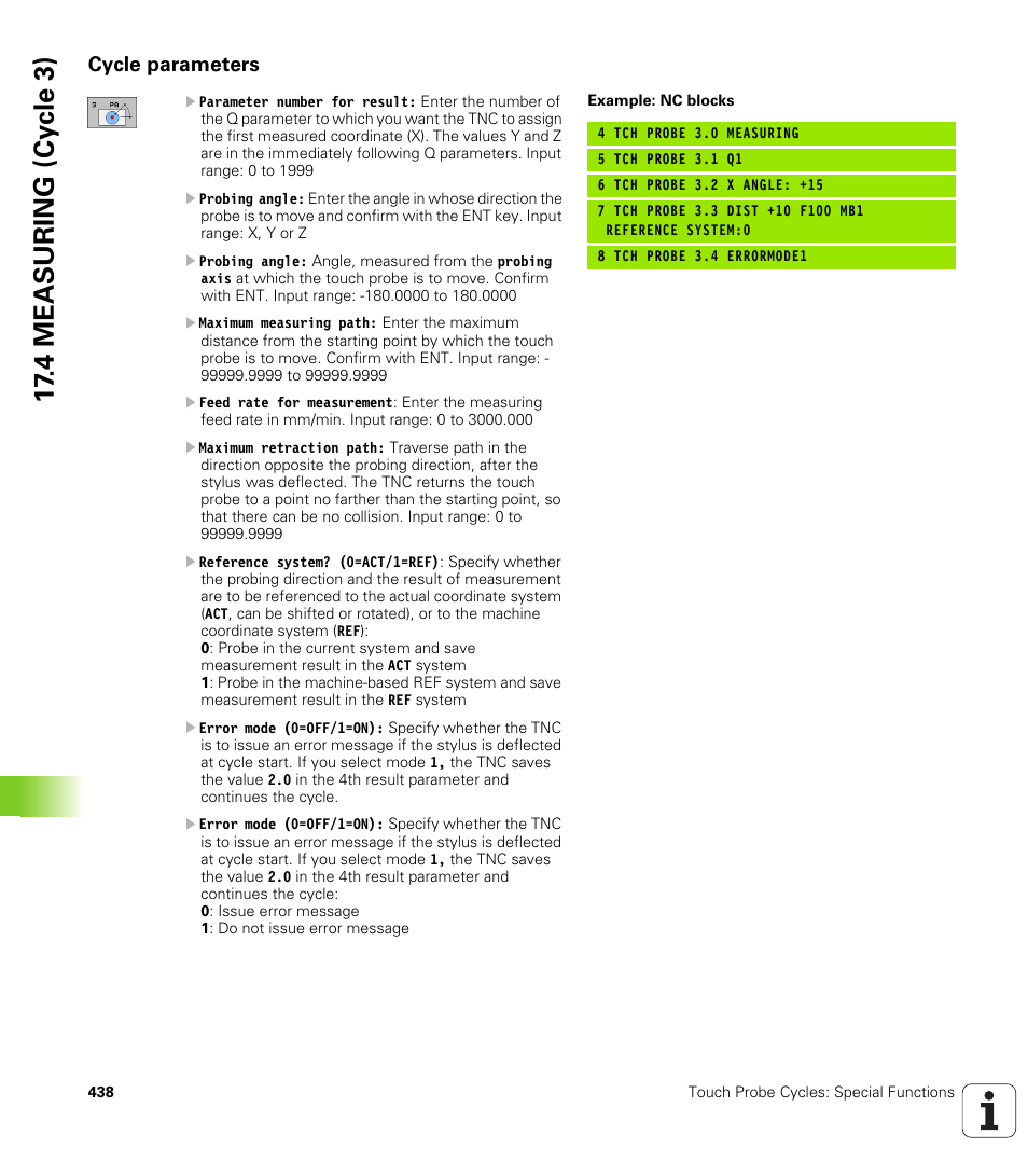 Cycle parameters, 4 mea s uring (cy c le 3) | HEIDENHAIN iTNC 530 (340 49x-05) Cycle programming User Manual | Page 438 / 497