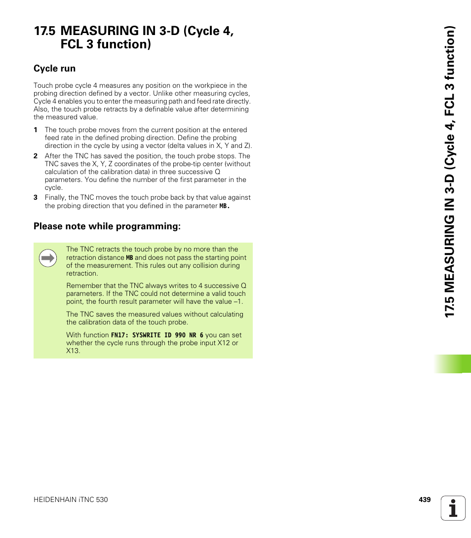 5 measuring in 3-d (cycle 4, fcl 3 function), Cycle run, Please note while programming | HEIDENHAIN iTNC 530 (340 49x-05) Cycle programming User Manual | Page 439 / 497