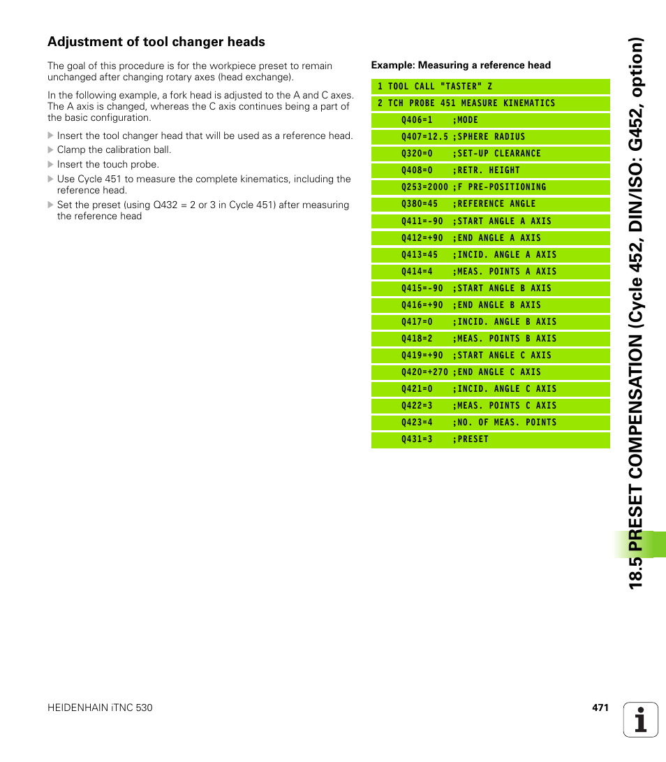 Adjustment of tool changer heads | HEIDENHAIN iTNC 530 (340 49x-05) Cycle programming User Manual | Page 471 / 497