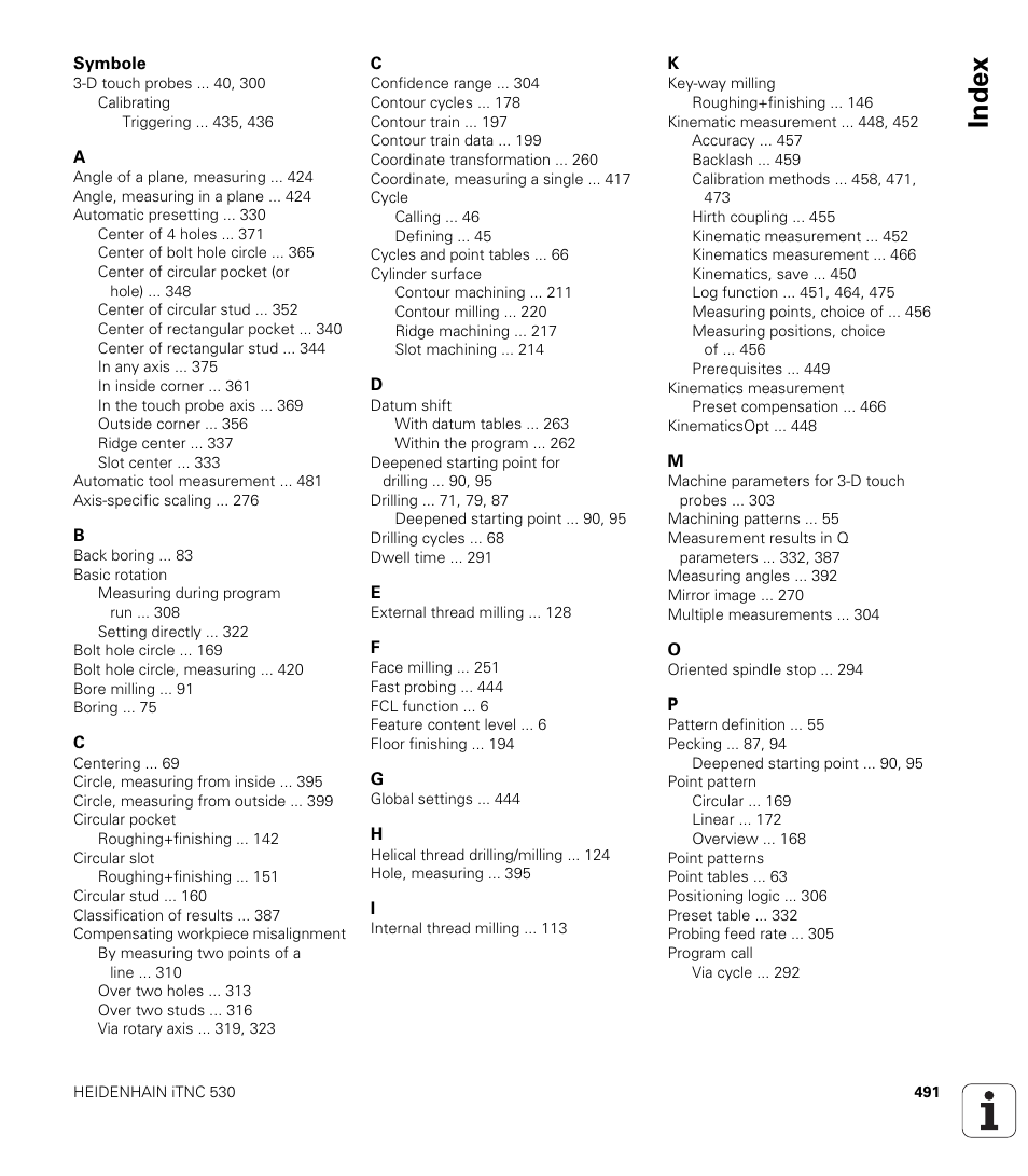 Index | HEIDENHAIN iTNC 530 (340 49x-05) Cycle programming User Manual | Page 491 / 497