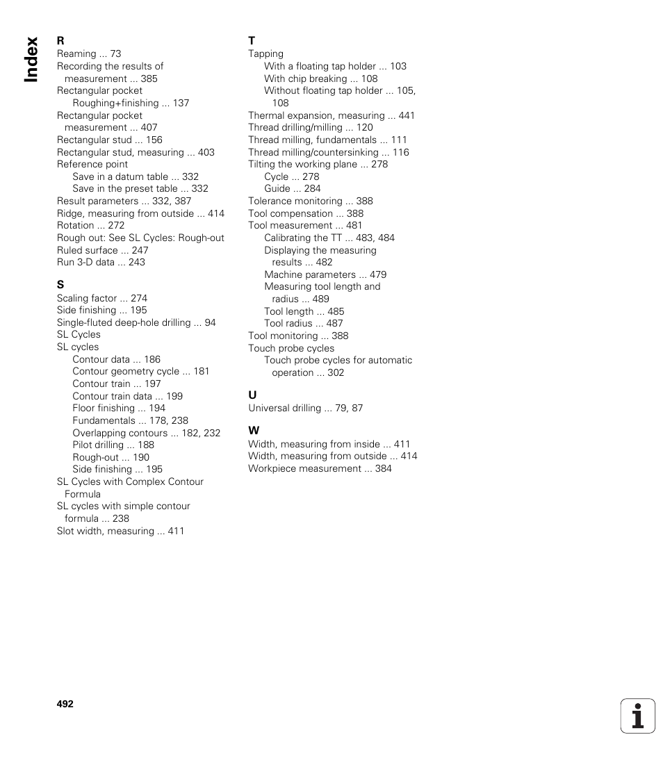 Index | HEIDENHAIN iTNC 530 (340 49x-05) Cycle programming User Manual | Page 492 / 497