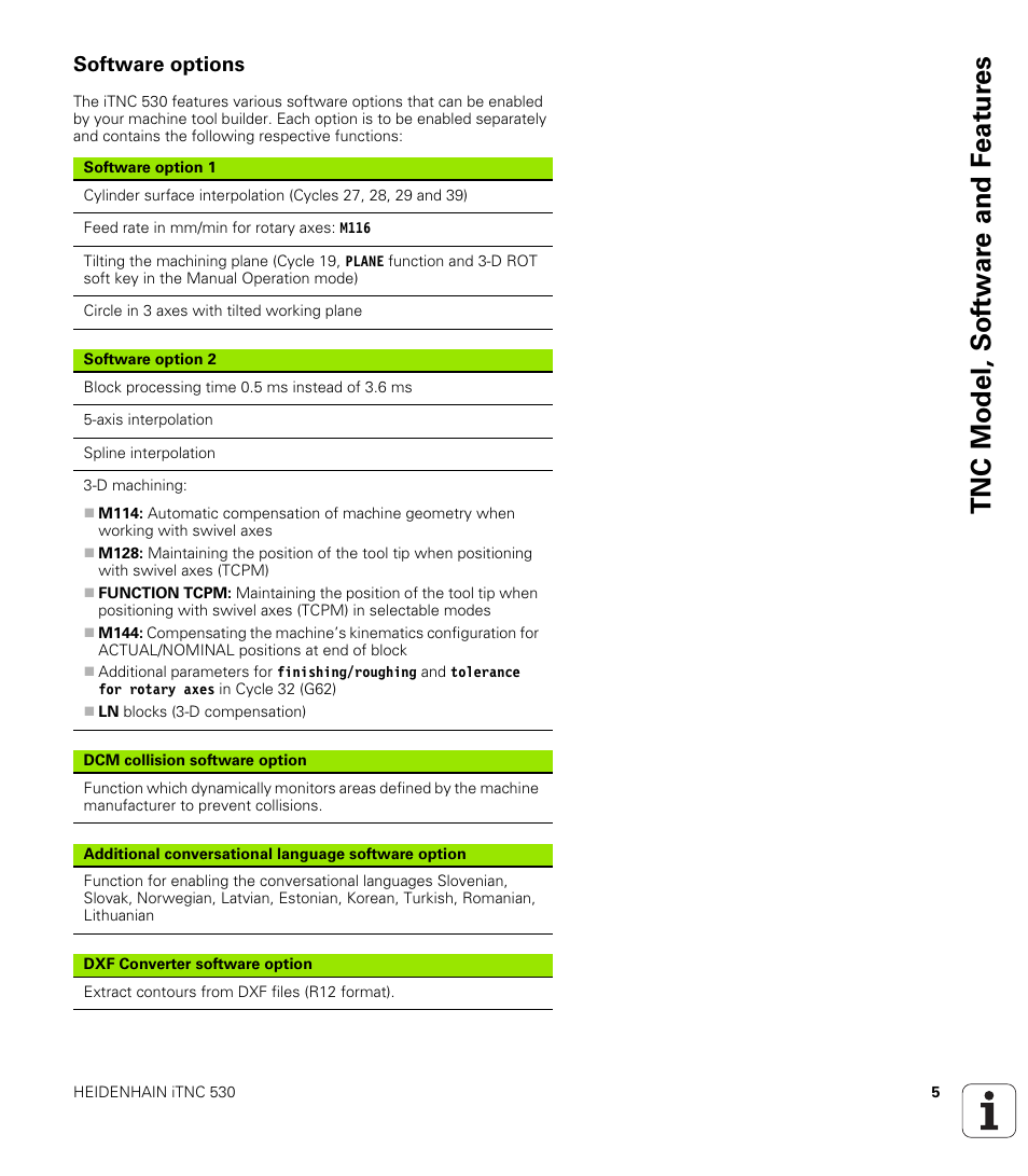Software options, Tnc model, sof tw a re and f eat ur es | HEIDENHAIN iTNC 530 (340 49x-05) Cycle programming User Manual | Page 5 / 497