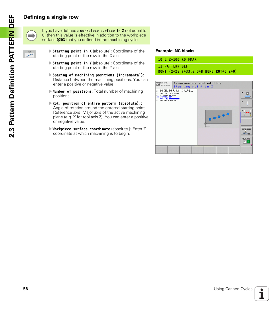 Defining a single row | HEIDENHAIN iTNC 530 (340 49x-05) Cycle programming User Manual | Page 58 / 497