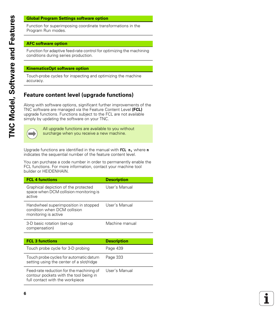 Feature content level (upgrade functions), Tnc model, sof tw a re and f eat ur es | HEIDENHAIN iTNC 530 (340 49x-05) Cycle programming User Manual | Page 6 / 497