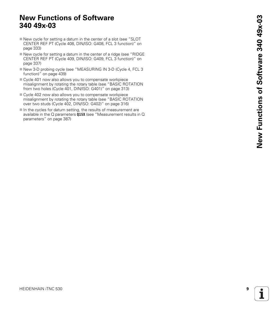 New functions of software 340 49x-03 | HEIDENHAIN iTNC 530 (340 49x-05) Cycle programming User Manual | Page 9 / 497