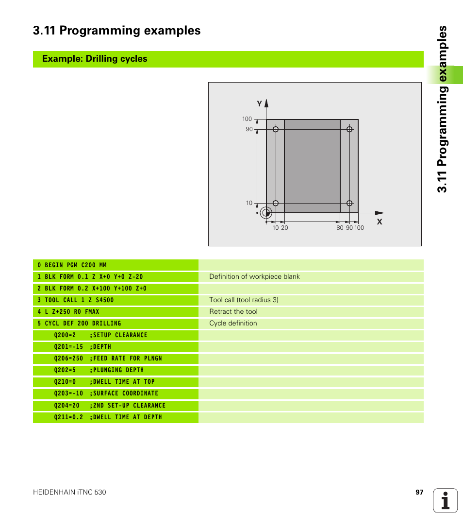 11 programming examples, Example: drilling cycles | HEIDENHAIN iTNC 530 (340 49x-05) Cycle programming User Manual | Page 97 / 497