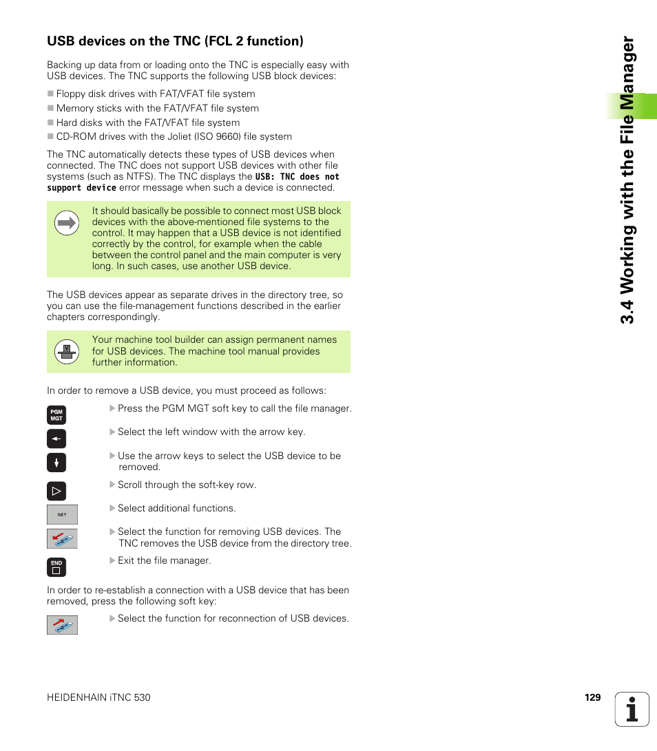 Usb devices on the tnc (fcl 2 function), 4 w o rk ing with the file manag e r | HEIDENHAIN iTNC 530 (340 49x-05) ISO programming User Manual | Page 129 / 606