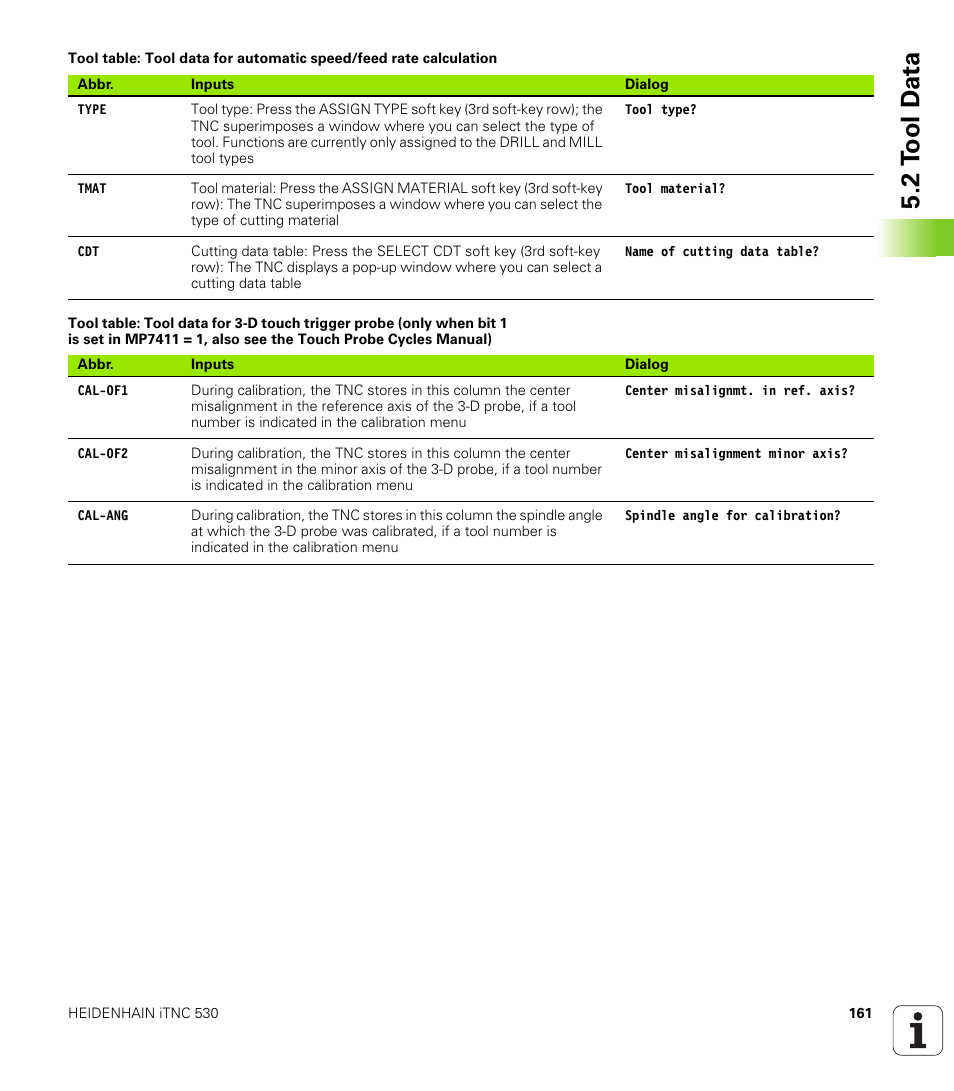 2 t ool d a ta | HEIDENHAIN iTNC 530 (340 49x-05) ISO programming User Manual | Page 161 / 606