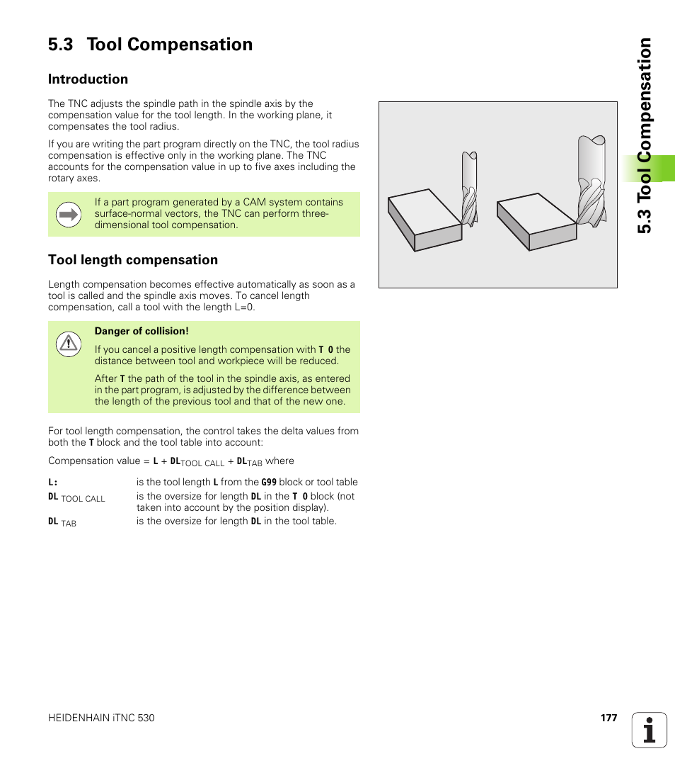 3 tool compensation, Introduction, Tool length compensation | 3 t ool compensation 5.3 tool compensation | HEIDENHAIN iTNC 530 (340 49x-05) ISO programming User Manual | Page 177 / 606