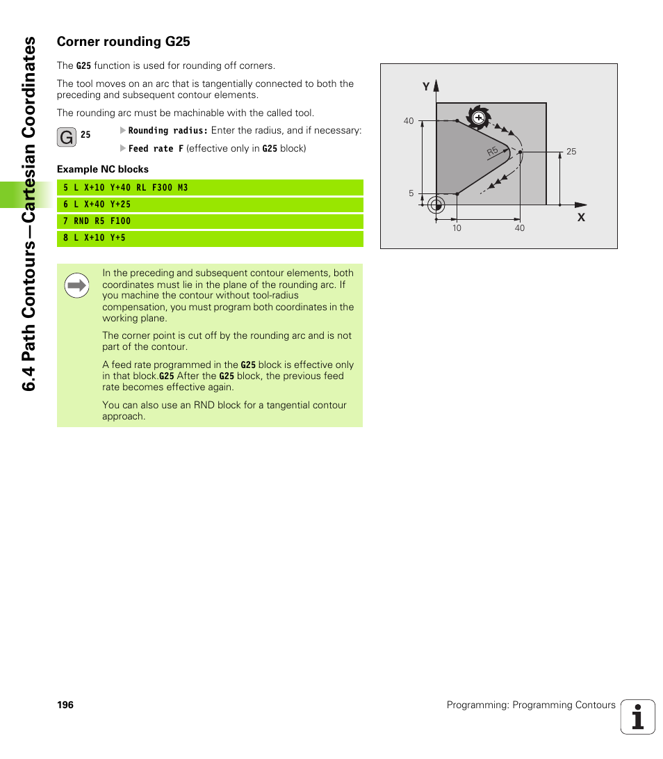 Corner rounding g25, 4 p a th cont ours—car te sian coor dinat e s | HEIDENHAIN iTNC 530 (340 49x-05) ISO programming User Manual | Page 196 / 606