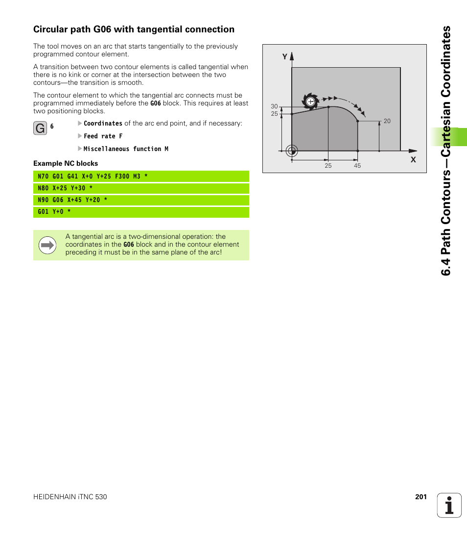 Circular path g06 with tangential connection, 4 p a th cont ours—car te sian coor dinat e s | HEIDENHAIN iTNC 530 (340 49x-05) ISO programming User Manual | Page 201 / 606