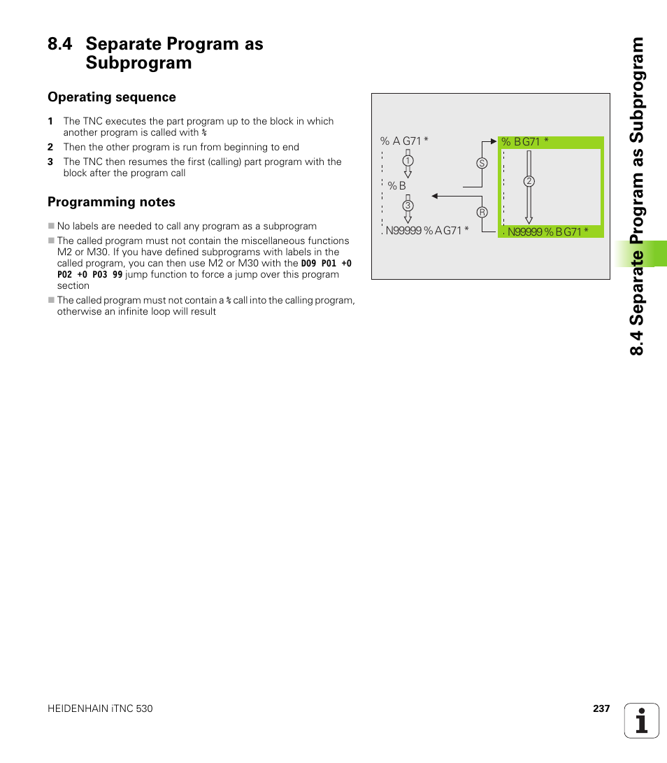4 separate program as subprogram, Operating sequence, Programming notes | HEIDENHAIN iTNC 530 (340 49x-05) ISO programming User Manual | Page 237 / 606
