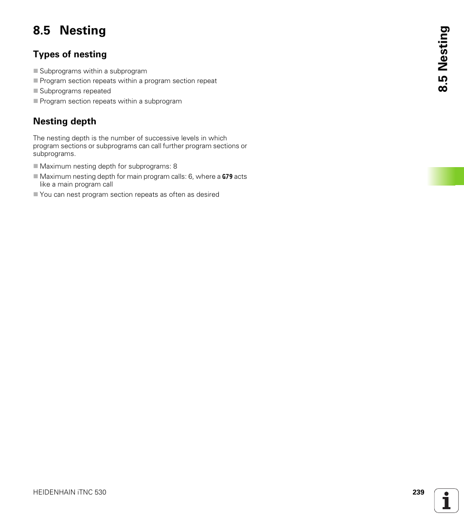 5 nesting, Types of nesting, Nesting depth | HEIDENHAIN iTNC 530 (340 49x-05) ISO programming User Manual | Page 239 / 606