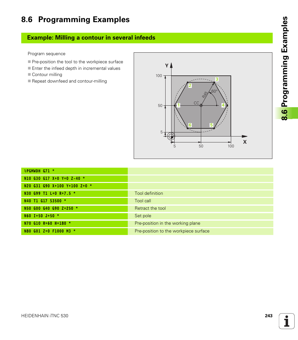 6 programming examples, 6 pr ogr amming examples 8.6 programming examples, Example: milling a contour in several infeeds | HEIDENHAIN iTNC 530 (340 49x-05) ISO programming User Manual | Page 243 / 606