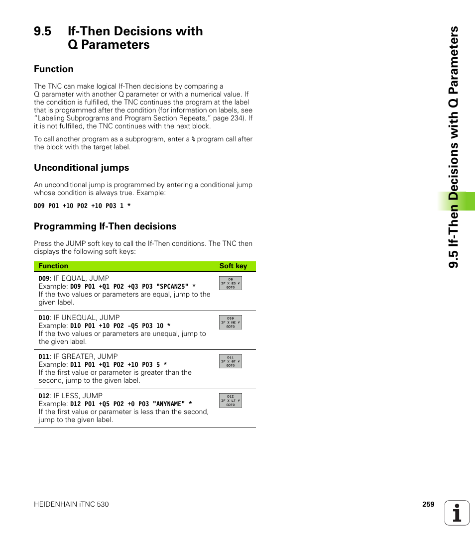 5 if-then decisions with q parameters, Function, Unconditional jumps | Programming if-then decisions | HEIDENHAIN iTNC 530 (340 49x-05) ISO programming User Manual | Page 259 / 606