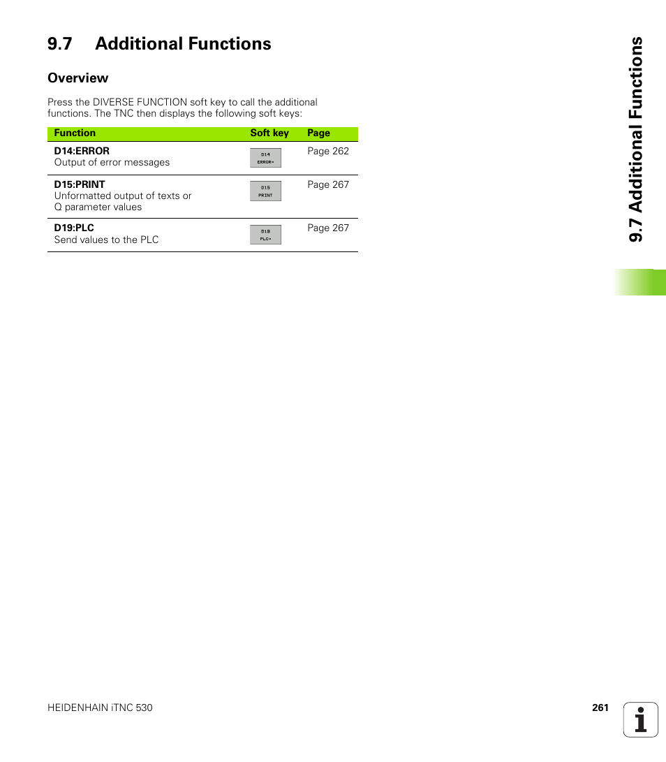 7 additional functions, Overview, 7 a d ditional f unctions 9.7 additional functions | HEIDENHAIN iTNC 530 (340 49x-05) ISO programming User Manual | Page 261 / 606