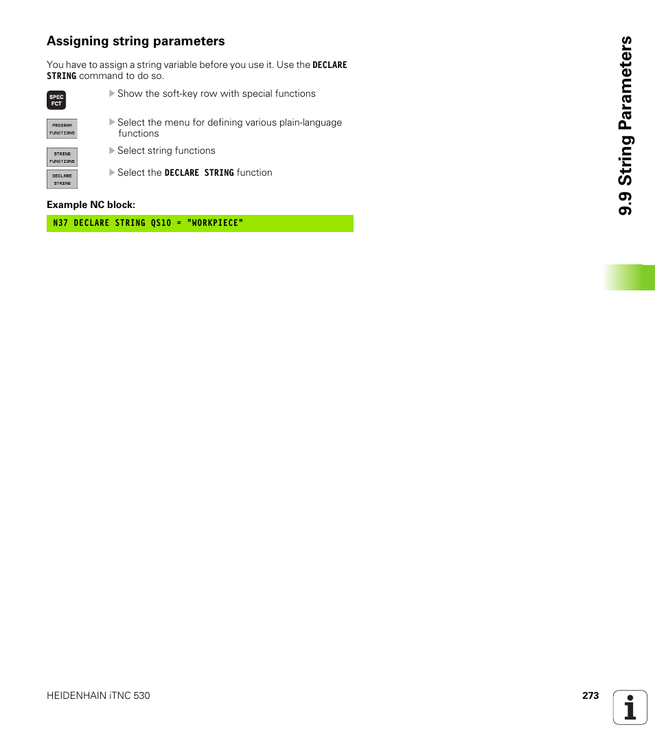 Assigning string parameters, 9 str ing p a ra met e rs | HEIDENHAIN iTNC 530 (340 49x-05) ISO programming User Manual | Page 273 / 606