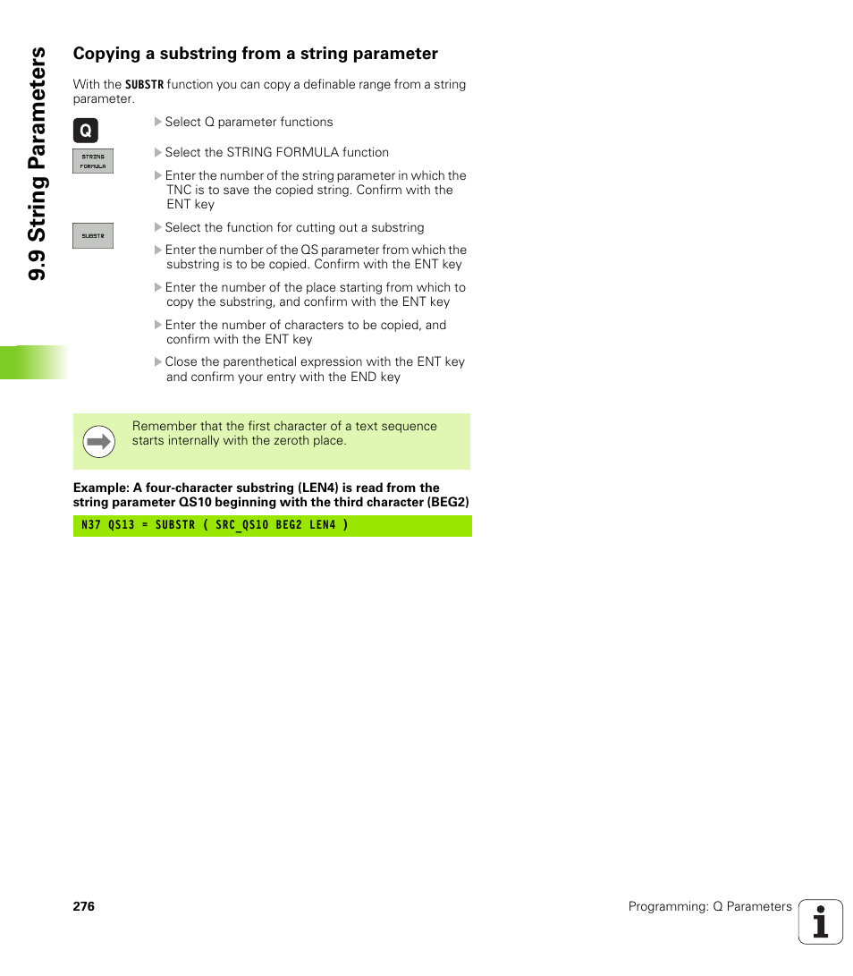 Copying a substring from a string parameter, 9 str ing p a ra met e rs | HEIDENHAIN iTNC 530 (340 49x-05) ISO programming User Manual | Page 276 / 606