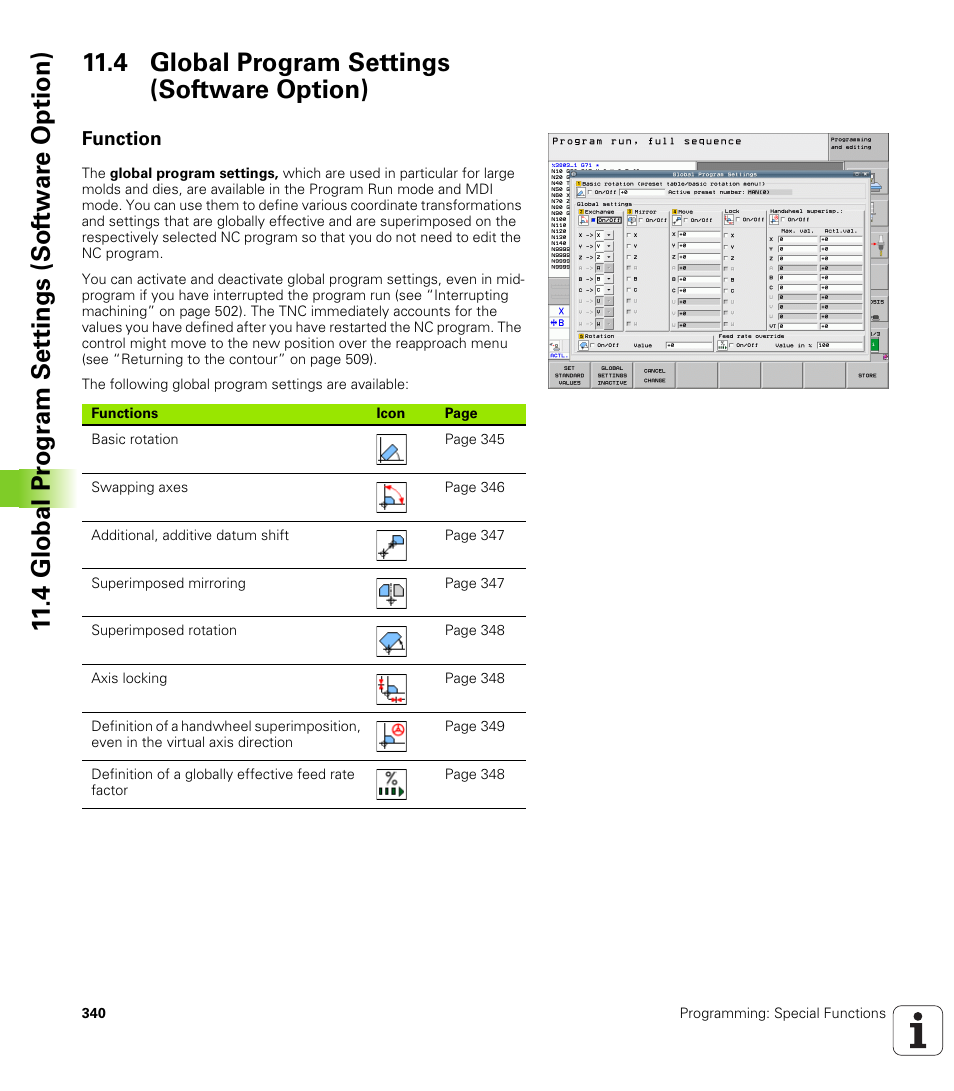 4 global program settings (software option), Function | HEIDENHAIN iTNC 530 (340 49x-05) ISO programming User Manual | Page 340 / 606