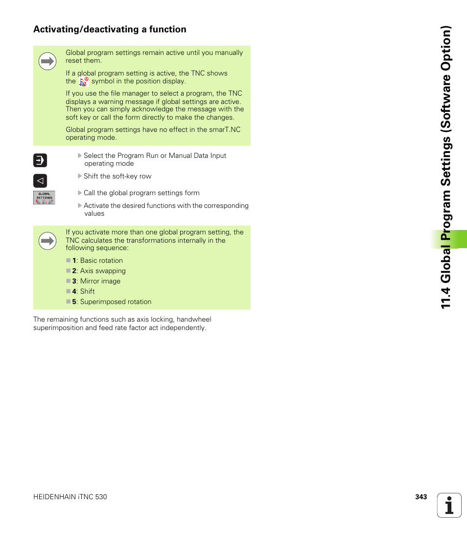Activating/deactivating a function, 4 global pr ogr a m set tings (sof tw ar e option) | HEIDENHAIN iTNC 530 (340 49x-05) ISO programming User Manual | Page 343 / 606