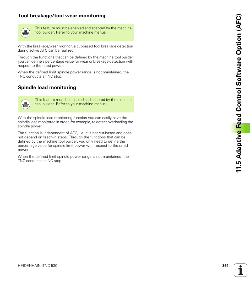 Tool breakage/tool wear monitoring, Spindle load monitoring | HEIDENHAIN iTNC 530 (340 49x-05) ISO programming User Manual | Page 361 / 606