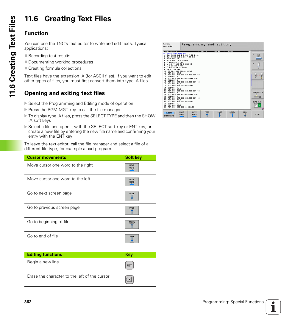 6 creating text files, Function, Opening and exiting text files | 6 cr eating t ext files 11.6 creating text files | HEIDENHAIN iTNC 530 (340 49x-05) ISO programming User Manual | Page 362 / 606