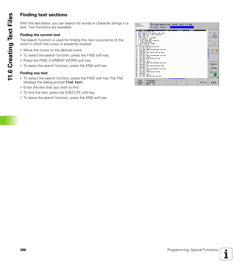 Finding text sections, 6 cr eating t ext files | HEIDENHAIN iTNC 530 (340 49x-05) ISO programming User Manual | Page 366 / 606