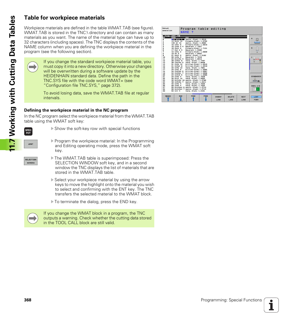 Table for workpiece materials, 7 w o rk ing with cut ting d a ta t a bles | HEIDENHAIN iTNC 530 (340 49x-05) ISO programming User Manual | Page 368 / 606