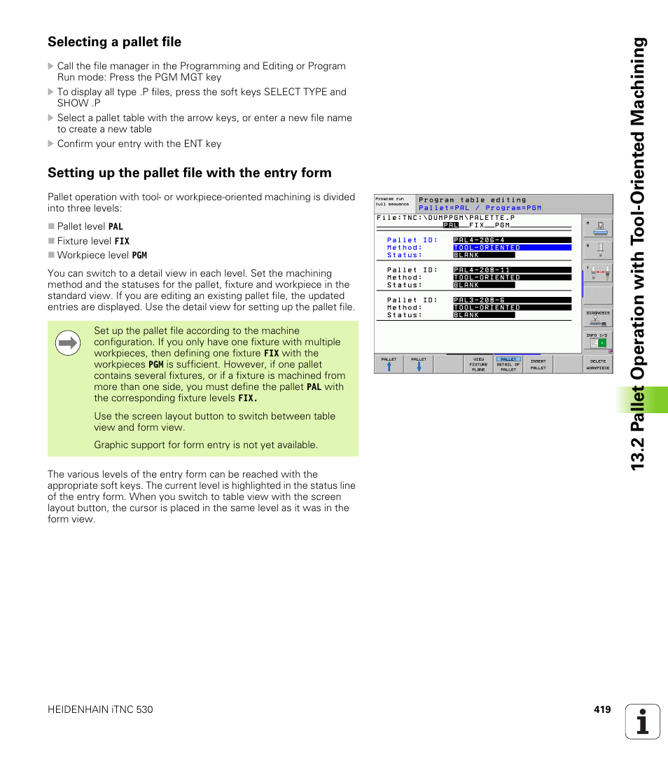 Selecting a pallet file, Setting up the pallet file with the entry form | HEIDENHAIN iTNC 530 (340 49x-05) ISO programming User Manual | Page 419 / 606