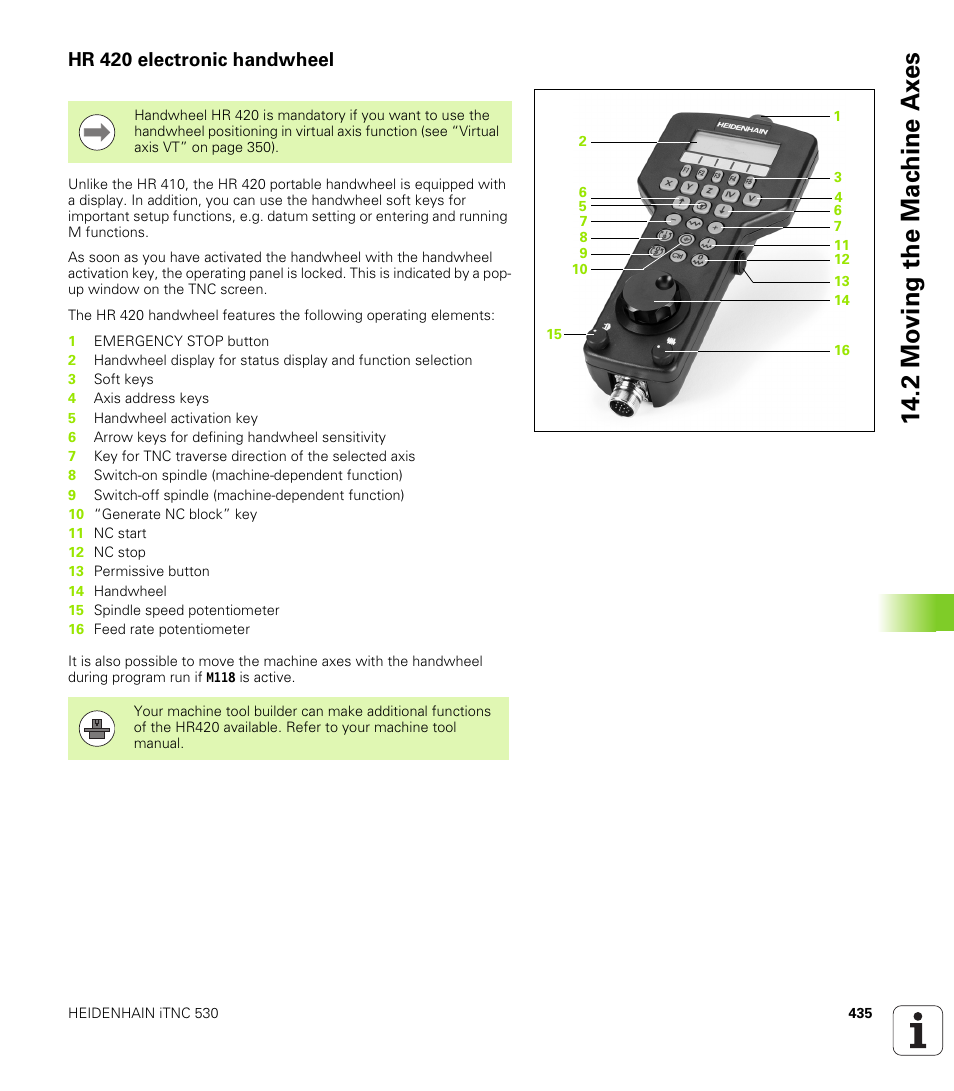 Hr 420 electronic handwheel, 2 mo ving the mac h ine ax es | HEIDENHAIN iTNC 530 (340 49x-05) ISO programming User Manual | Page 435 / 606