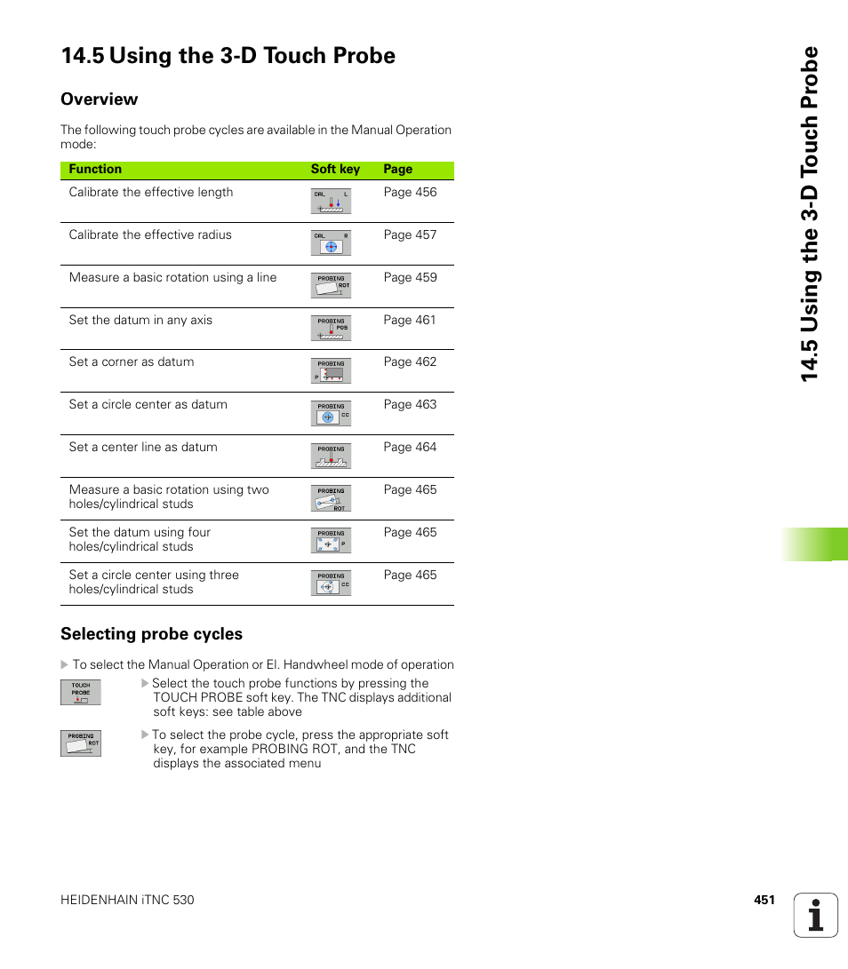 5 using the 3-d touch probe, Overview, Selecting probe cycles | HEIDENHAIN iTNC 530 (340 49x-05) ISO programming User Manual | Page 451 / 606