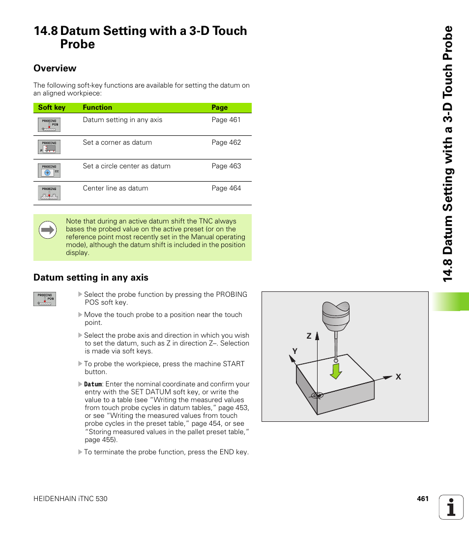 8 datum setting with a 3-d touch probe, Overview, Datum setting in any axis | HEIDENHAIN iTNC 530 (340 49x-05) ISO programming User Manual | Page 461 / 606