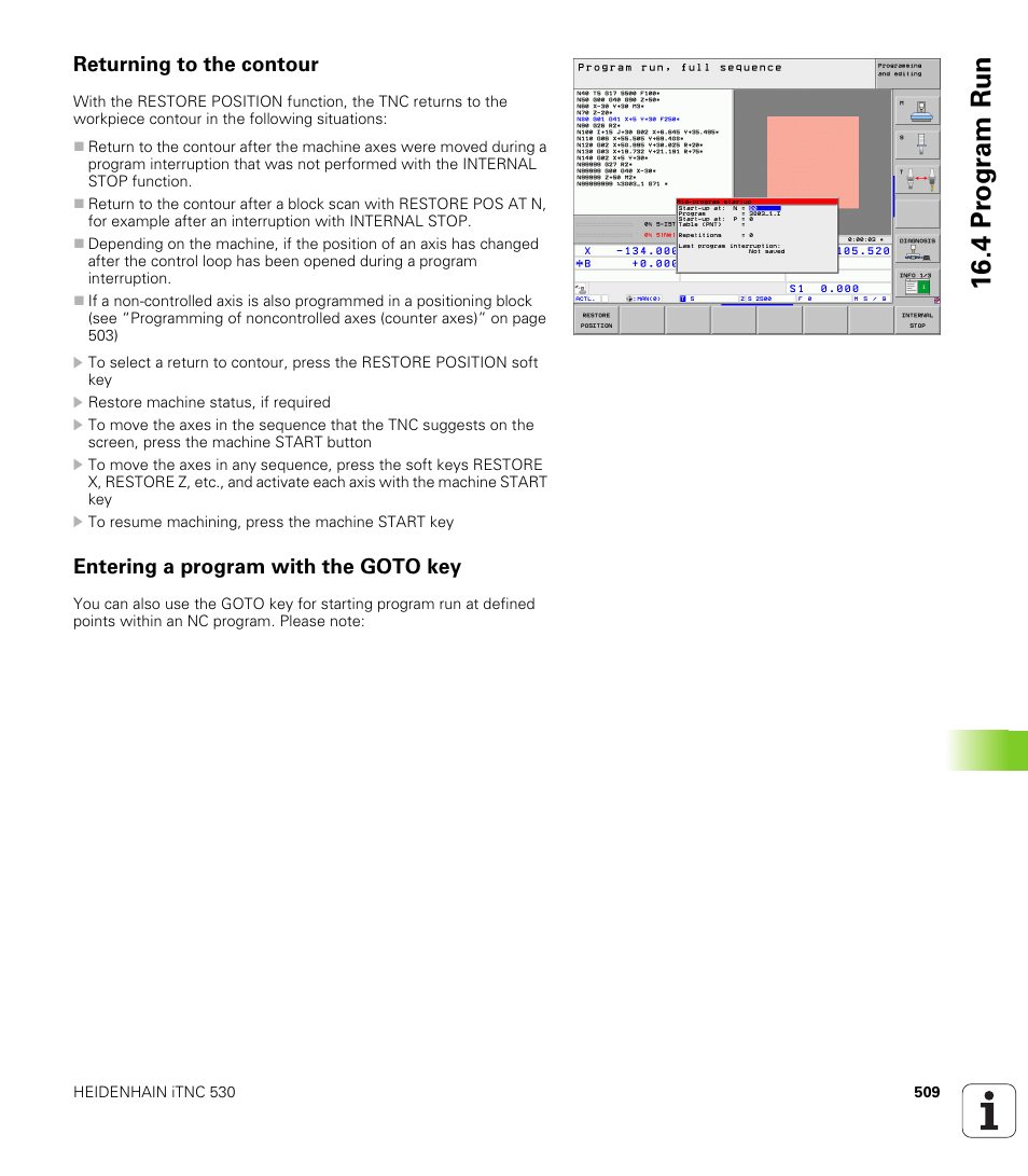 Returning to the contour, Entering a program with the goto key, 4 pr ogr am run | HEIDENHAIN iTNC 530 (340 49x-05) ISO programming User Manual | Page 509 / 606
