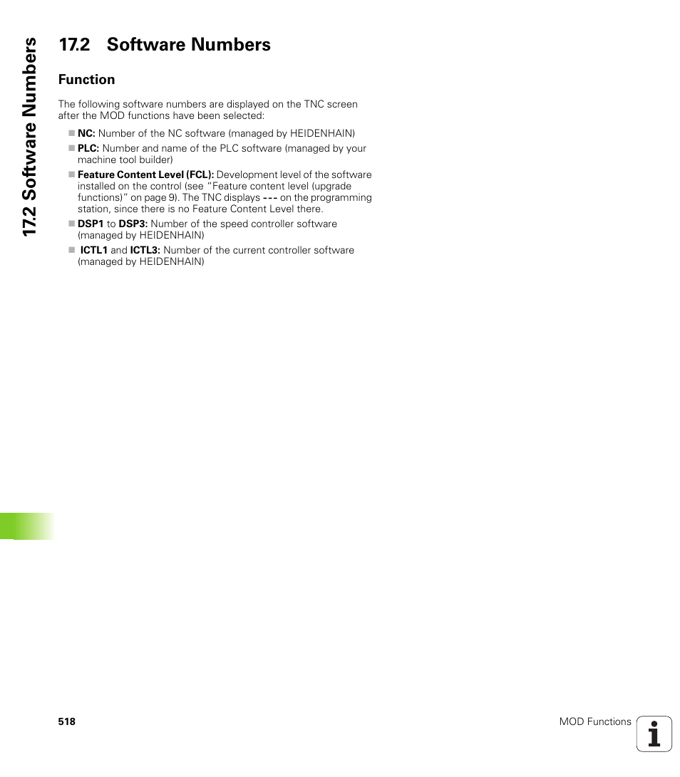 2 software numbers, Function, 2 sof tw a re numbers 17.2 software numbers | HEIDENHAIN iTNC 530 (340 49x-05) ISO programming User Manual | Page 518 / 606
