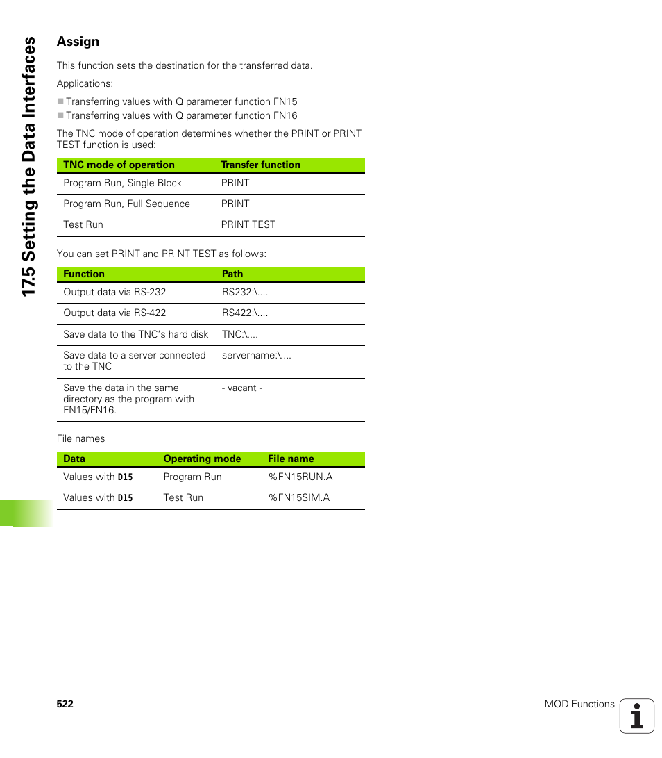 Assign, 5 set ting the d a ta int e rf aces | HEIDENHAIN iTNC 530 (340 49x-05) ISO programming User Manual | Page 522 / 606