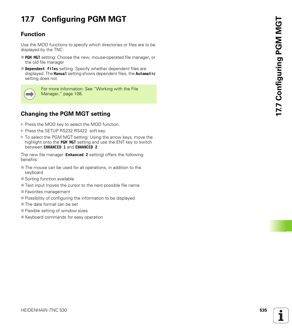 7 configuring pgm mgt, Function, Changing the pgm mgt setting | 7 configur ing pgm mgt 17.7 configuring pgm mgt | HEIDENHAIN iTNC 530 (340 49x-05) ISO programming User Manual | Page 535 / 606