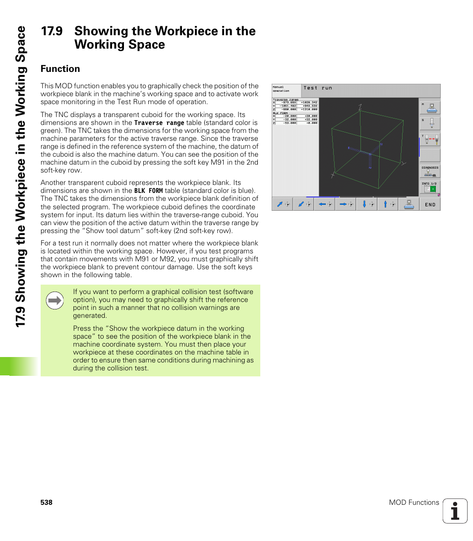 9 showing the workpiece in the working space, Function | HEIDENHAIN iTNC 530 (340 49x-05) ISO programming User Manual | Page 538 / 606