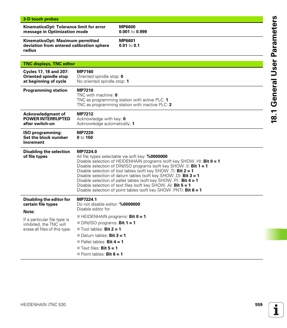 18 .1 gener a l user p a ra met e rs | HEIDENHAIN iTNC 530 (340 49x-05) ISO programming User Manual | Page 559 / 606