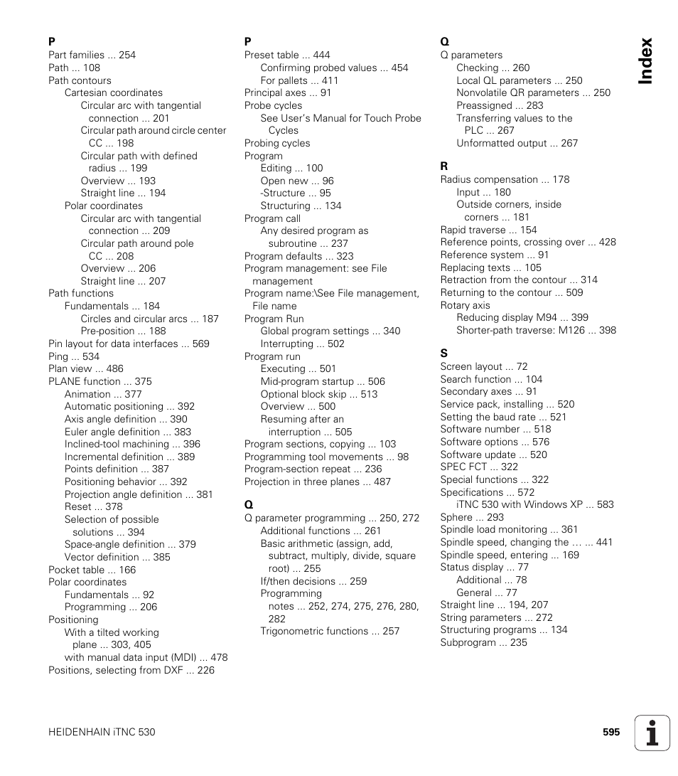 Index | HEIDENHAIN iTNC 530 (340 49x-05) ISO programming User Manual | Page 595 / 606