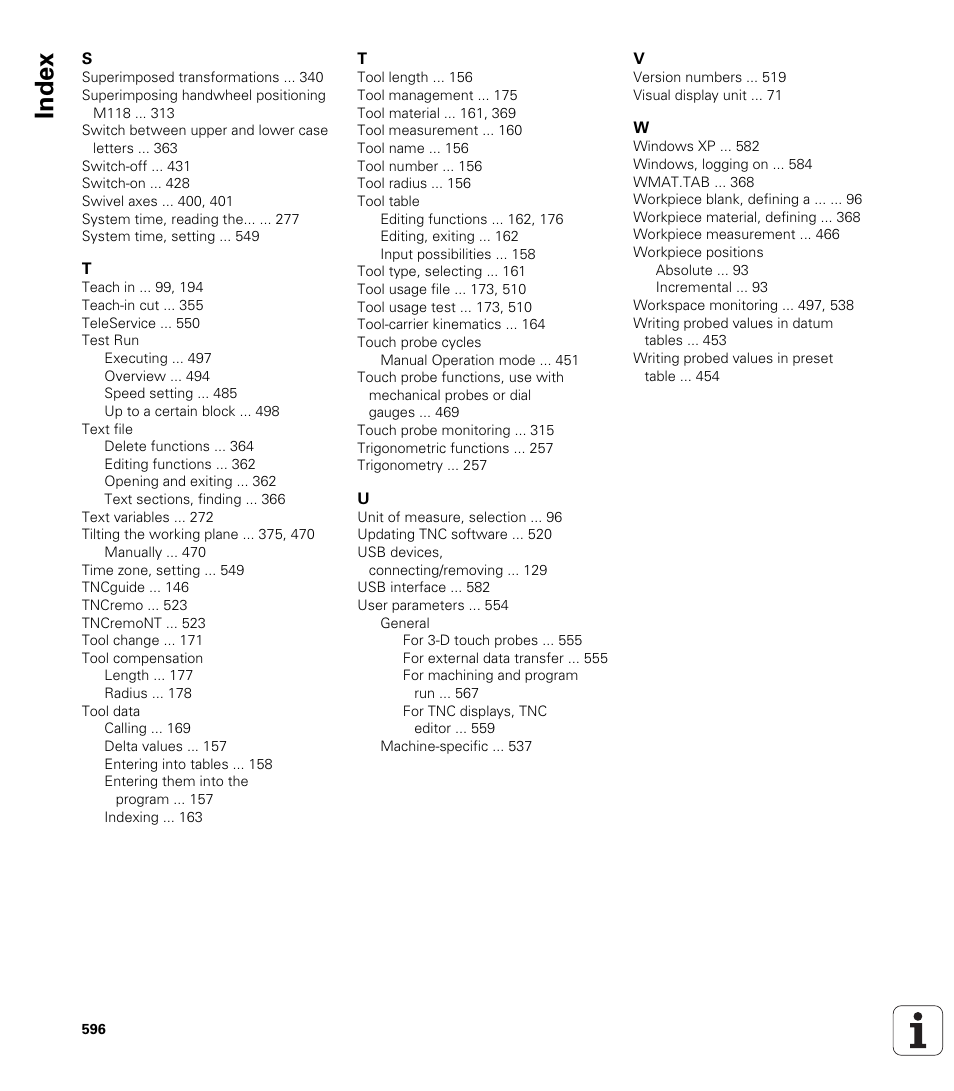 Index | HEIDENHAIN iTNC 530 (340 49x-05) ISO programming User Manual | Page 596 / 606