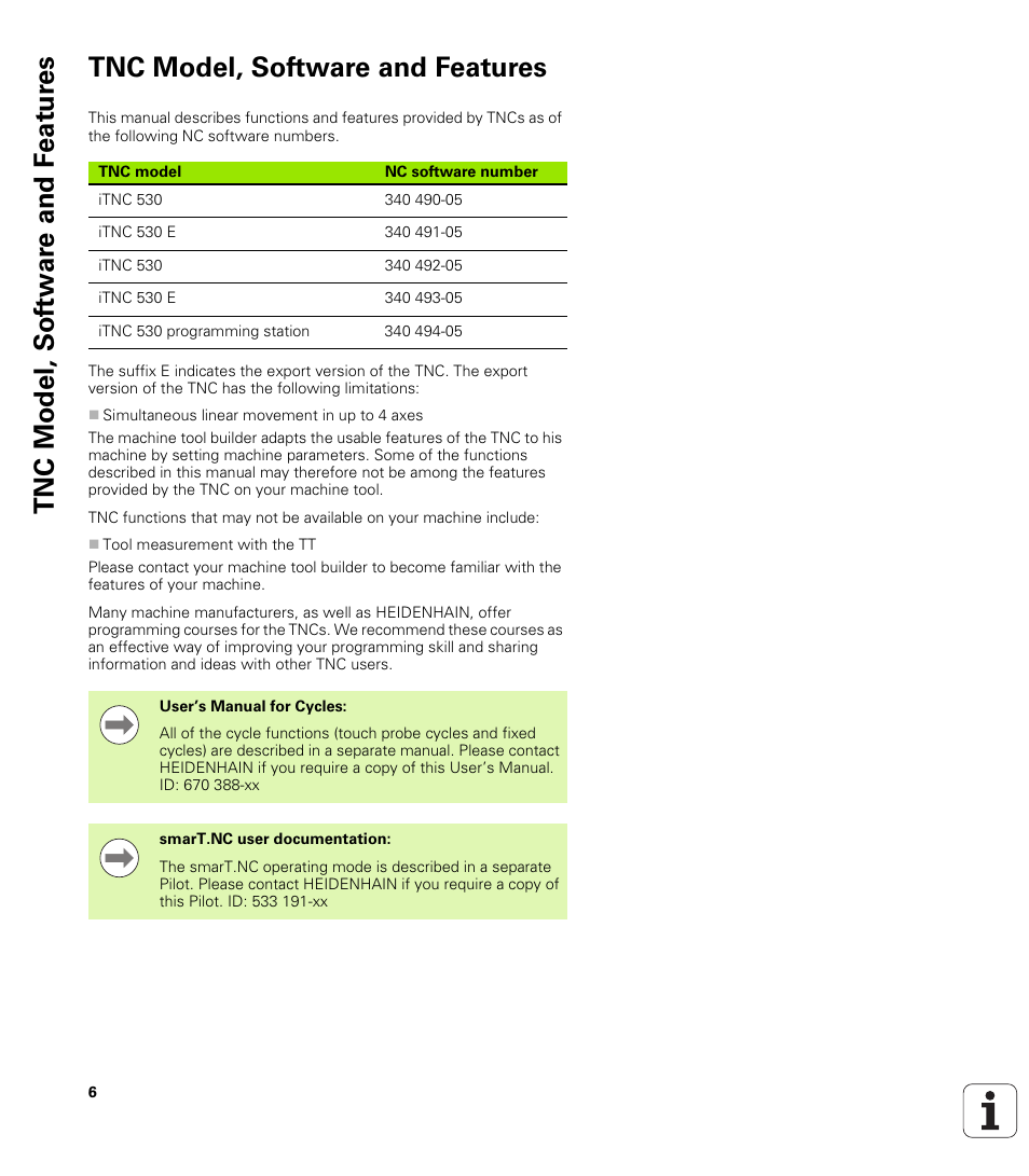 Tnc model, software and features | HEIDENHAIN iTNC 530 (340 49x-05) ISO programming User Manual | Page 6 / 606